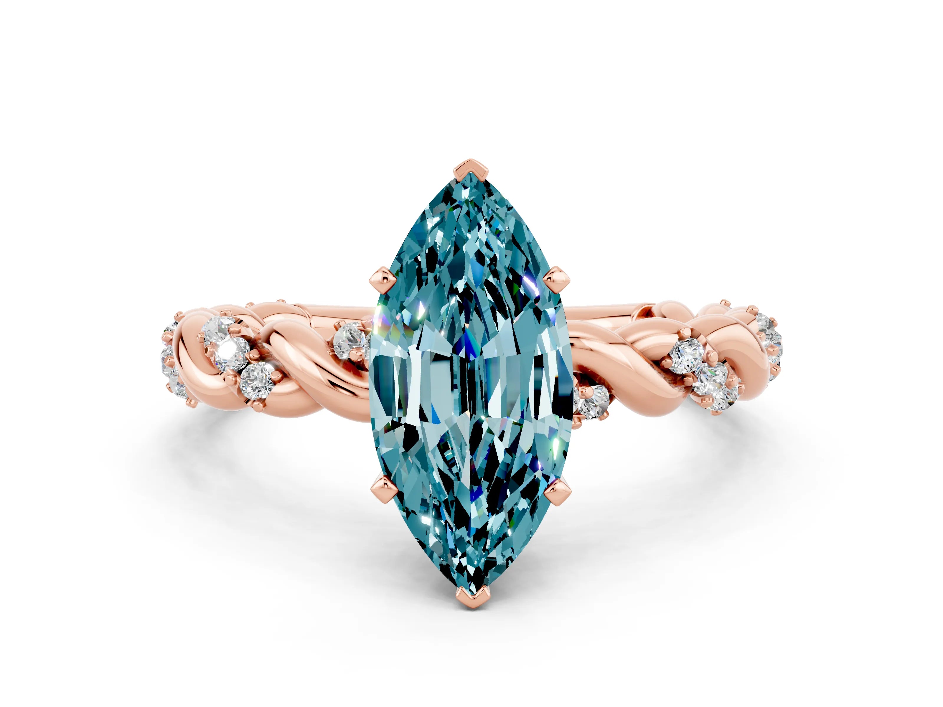 Rose gold Marquise Cut Blue Topaz Solitaire Ring with Twisted Band and Pavé Accents