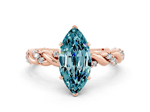 Rose gold Marquise Cut Blue Topaz Solitaire Ring with Twisted Band and Pavé Accents