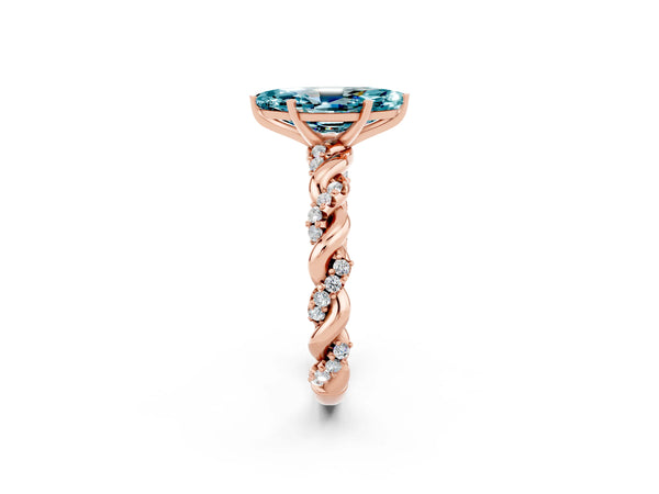 Rose gold Marquise Cut Blue Topaz Solitaire Ring with Twisted Band and Pavé Accents