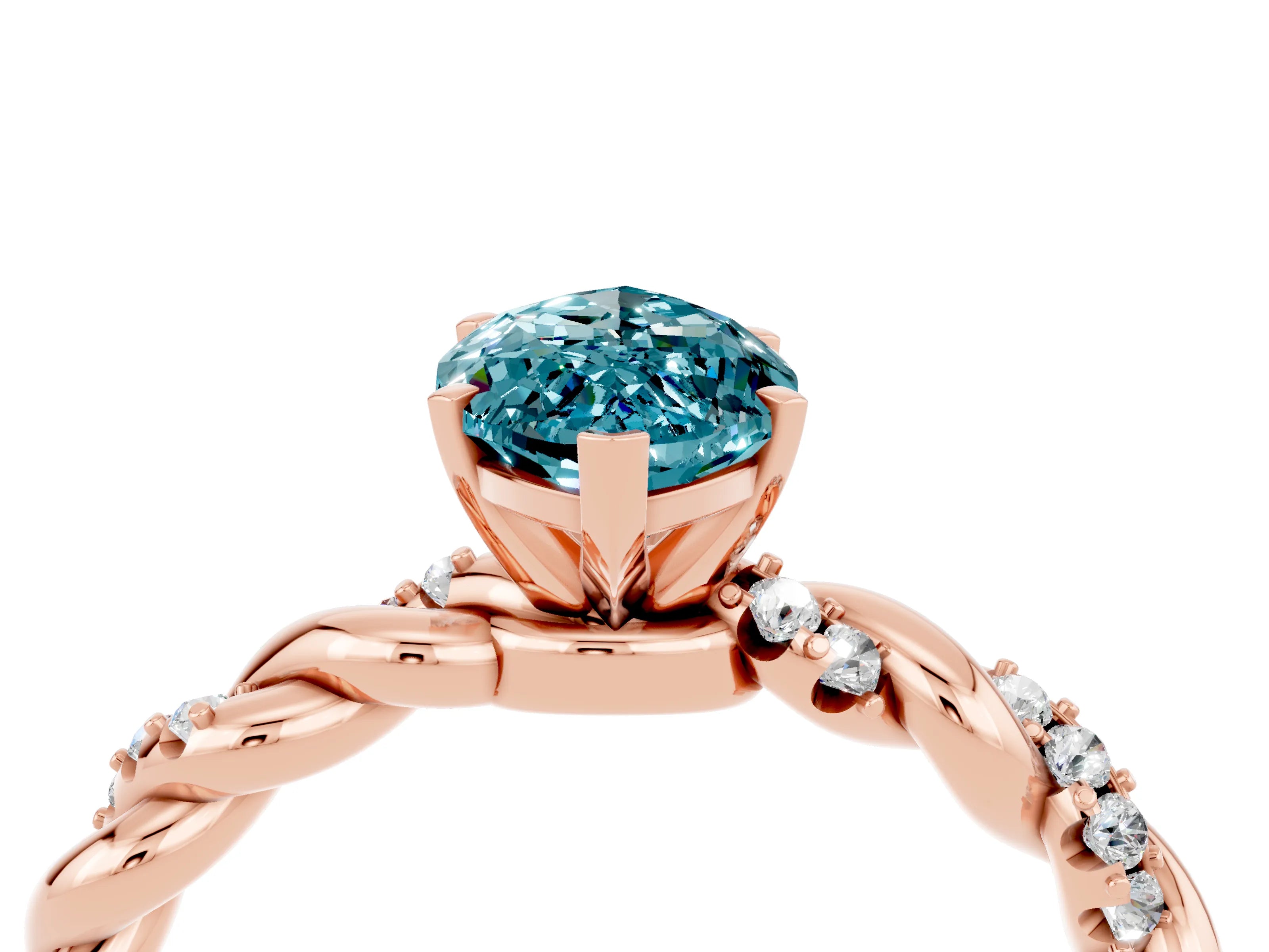 Rose gold Marquise Cut Blue Topaz Solitaire Ring with Twisted Band and Pavé Accents_4