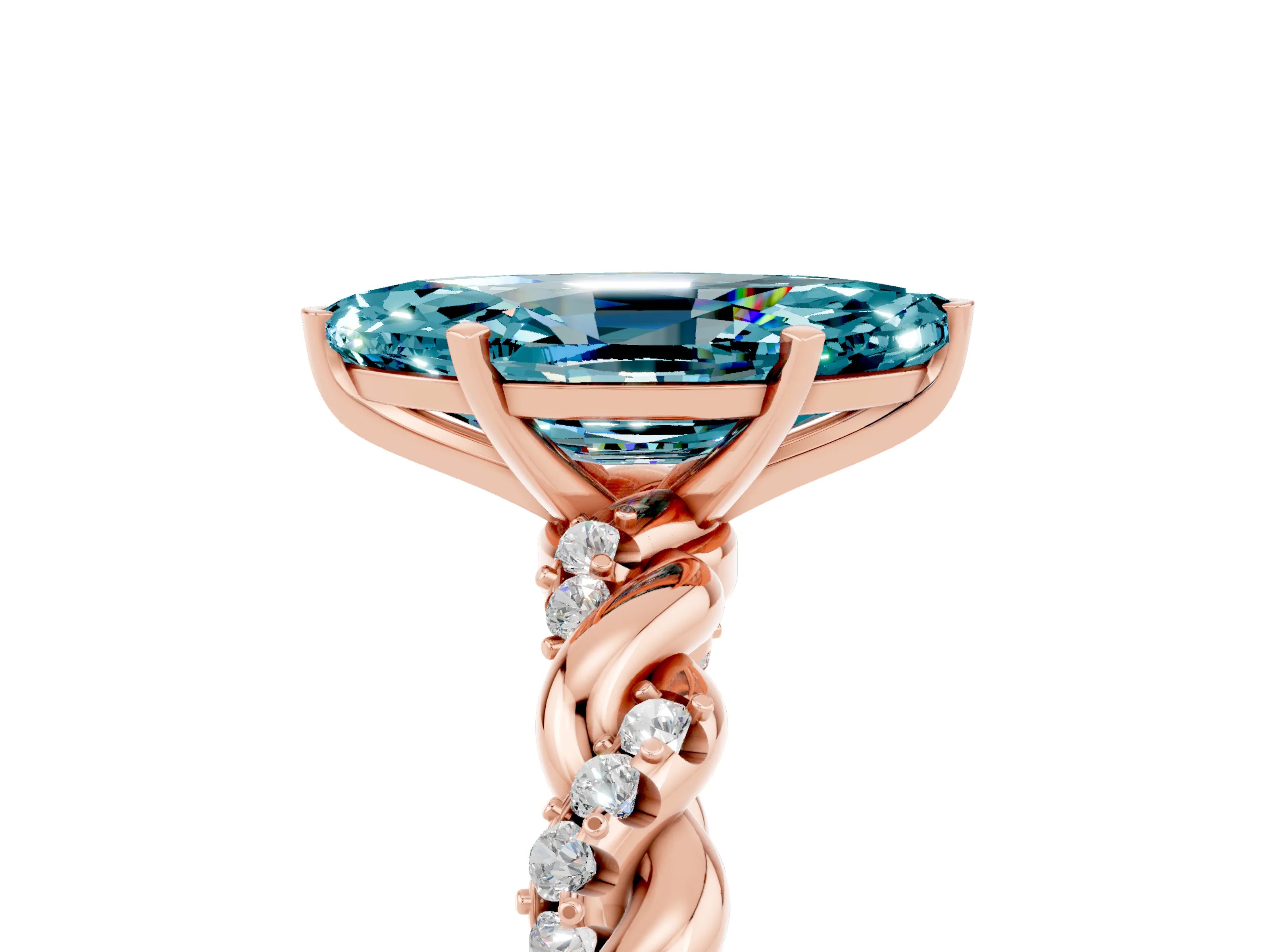 Rose gold Marquise Cut Blue Topaz Solitaire Ring with Twisted Band and Pavé Accents_5