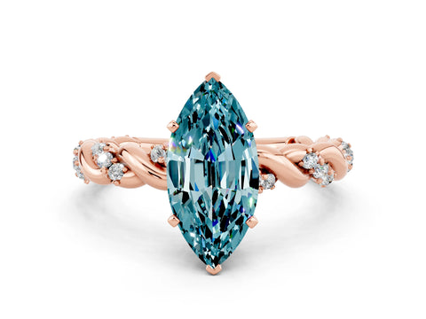 Rose gold Marquise Cut Blue Topaz Solitaire Ring with Twisted Band and Pavé Accents