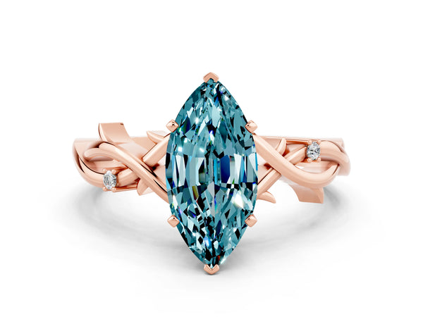 Rose gold Marquise Cut Blue Topaz Solitaire Ring with Twisted Band and Prong Setting