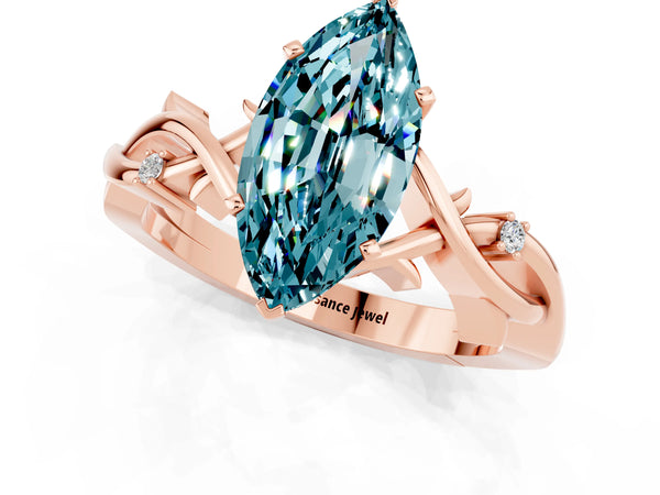 Rose gold Marquise Cut Blue Topaz Solitaire Ring with Twisted Band and Prong Setting
