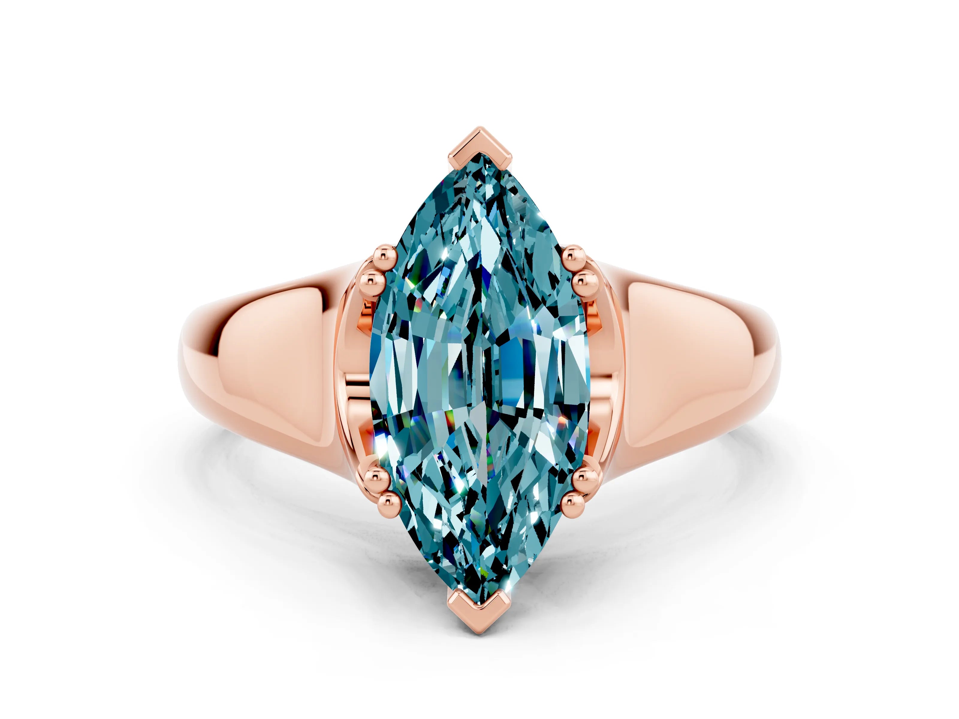 Rose gold Marquise Cut Blue Topaz Solitaire Ring with Wide Band and Prong Setting