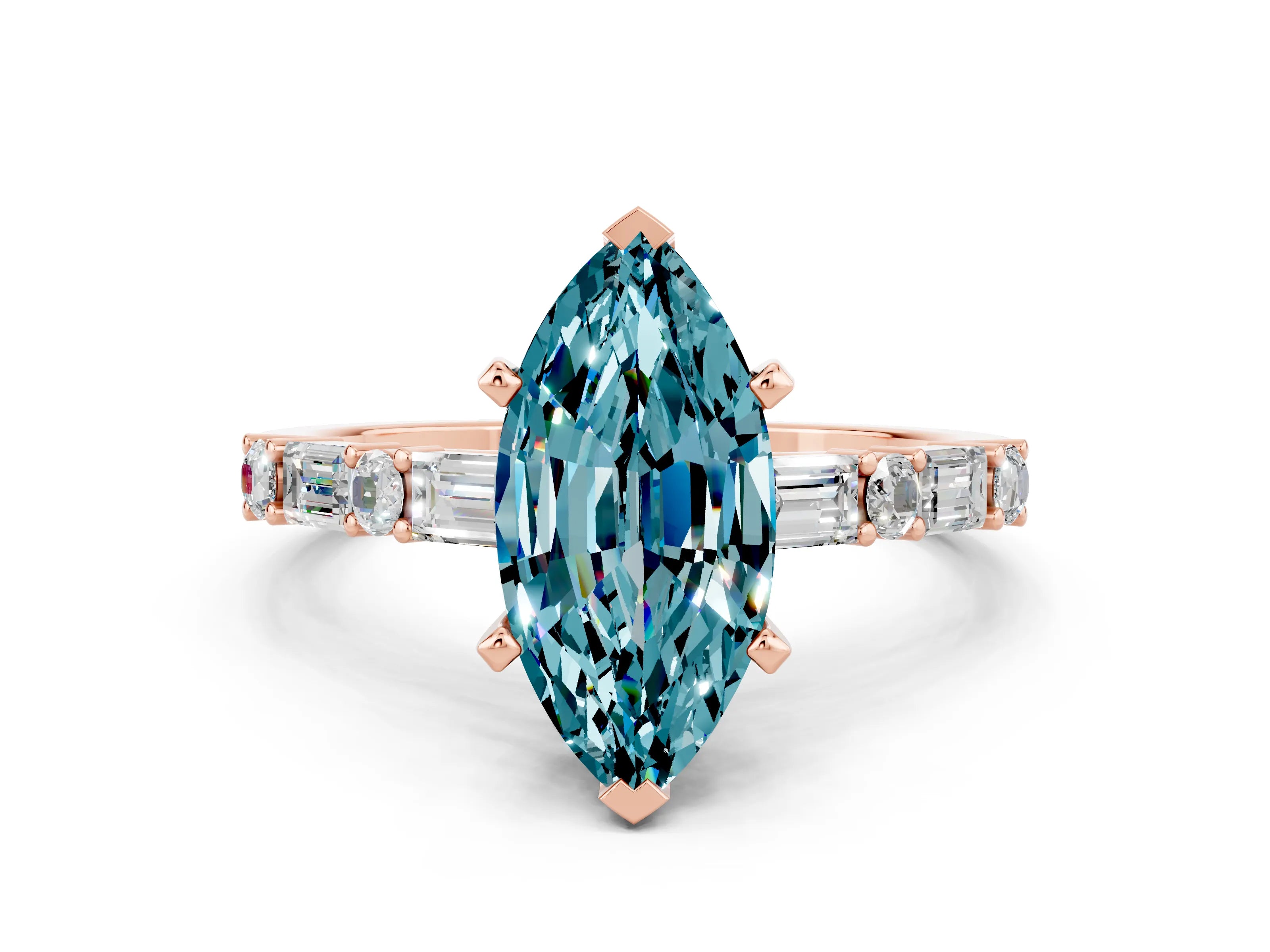 Rose gold Marquise Cut Blue Topaz Solitaire with Side Baguettes and Channel Set Band