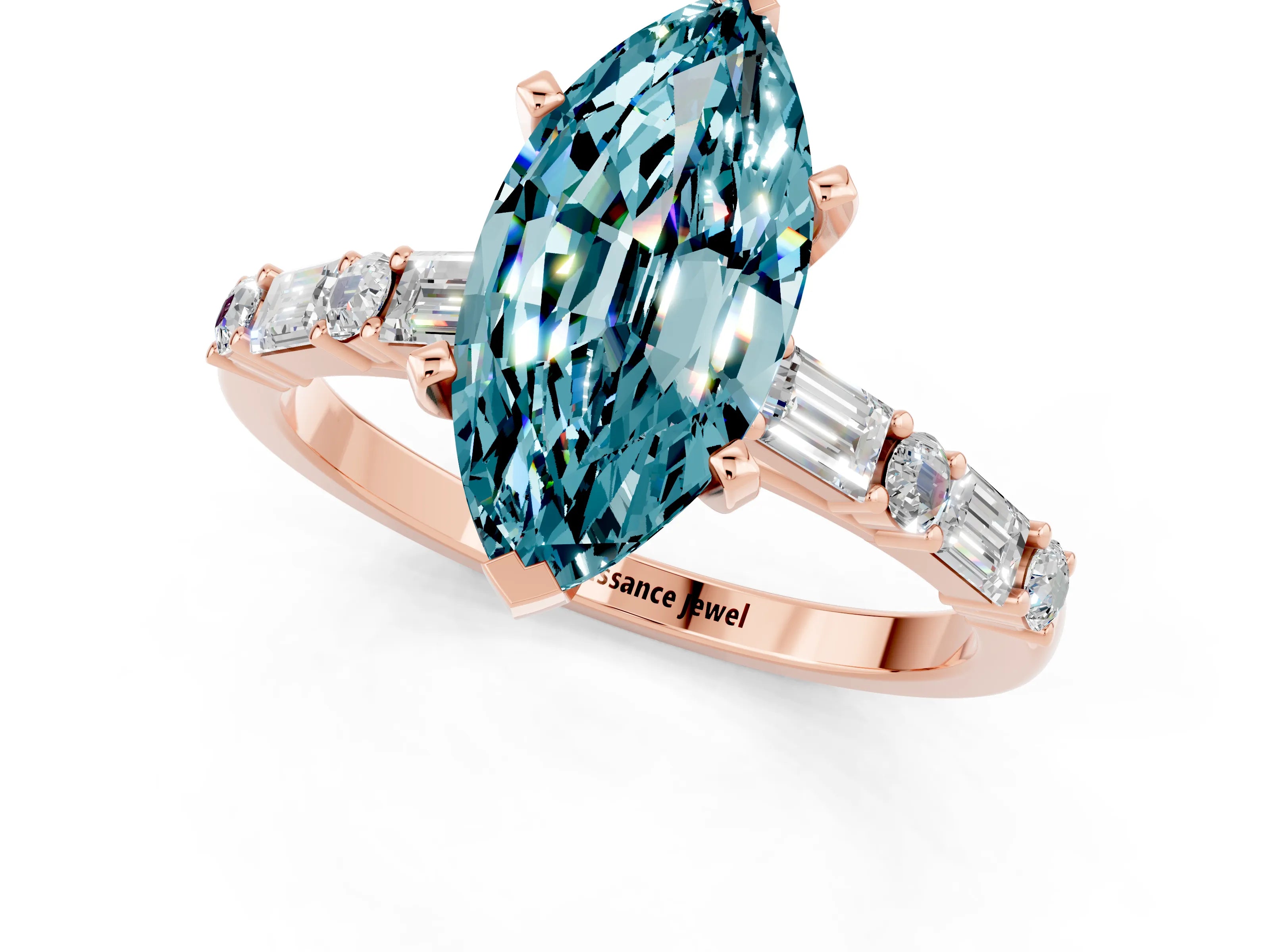 Rose gold Marquise Cut Blue Topaz Solitaire with Side Baguettes and Channel Set Band_1
