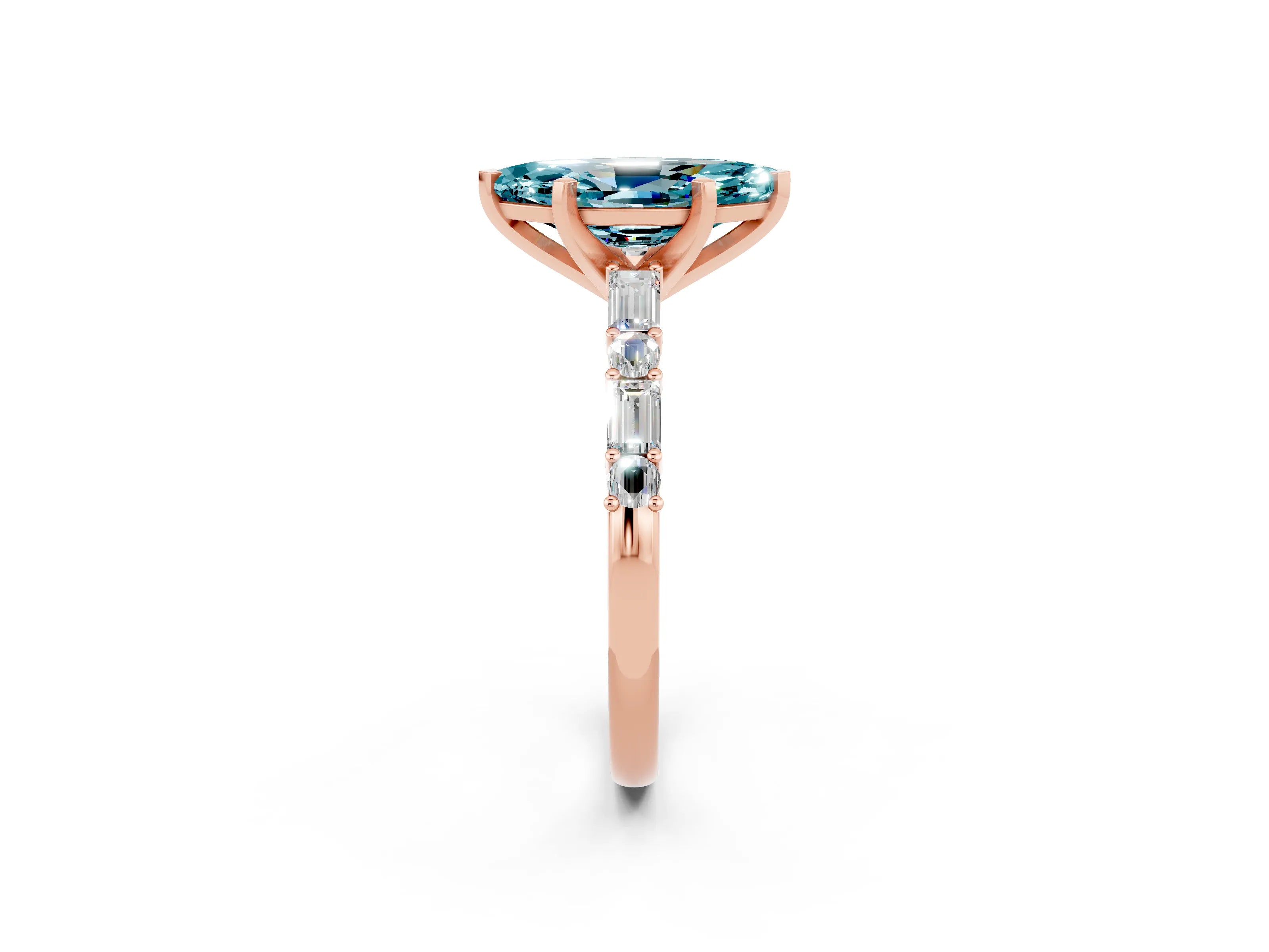 Rose gold Marquise Cut Blue Topaz Solitaire with Side Baguettes and Channel Set Band_2