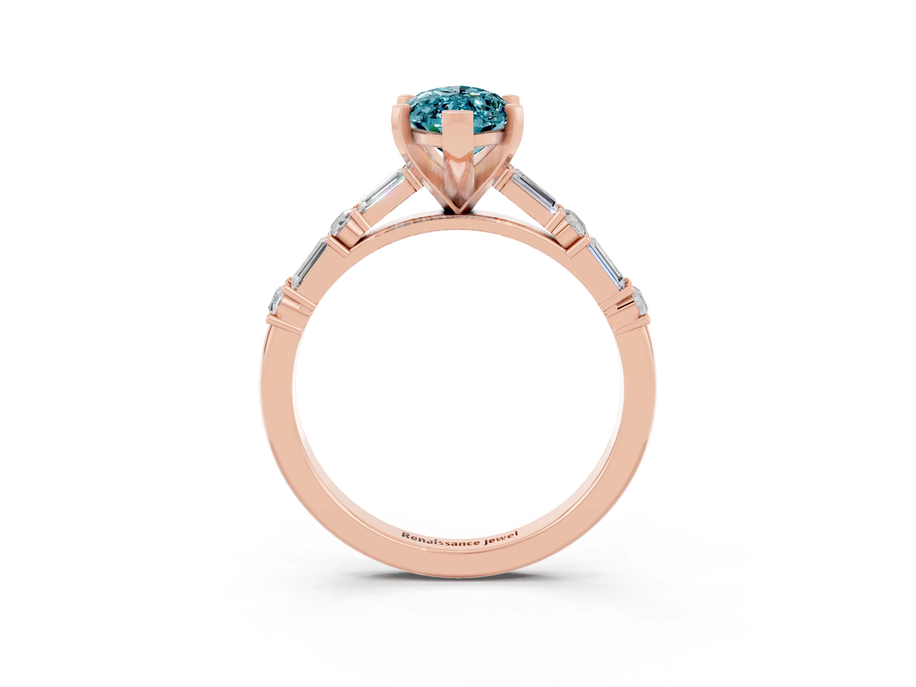 Rose gold Marquise Cut Blue Topaz Solitaire with Side Baguettes and Channel Set Band_3