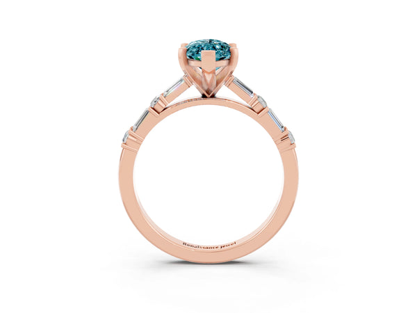 Rose gold Marquise Cut Blue Topaz Solitaire with Side Baguettes and Channel Set Band