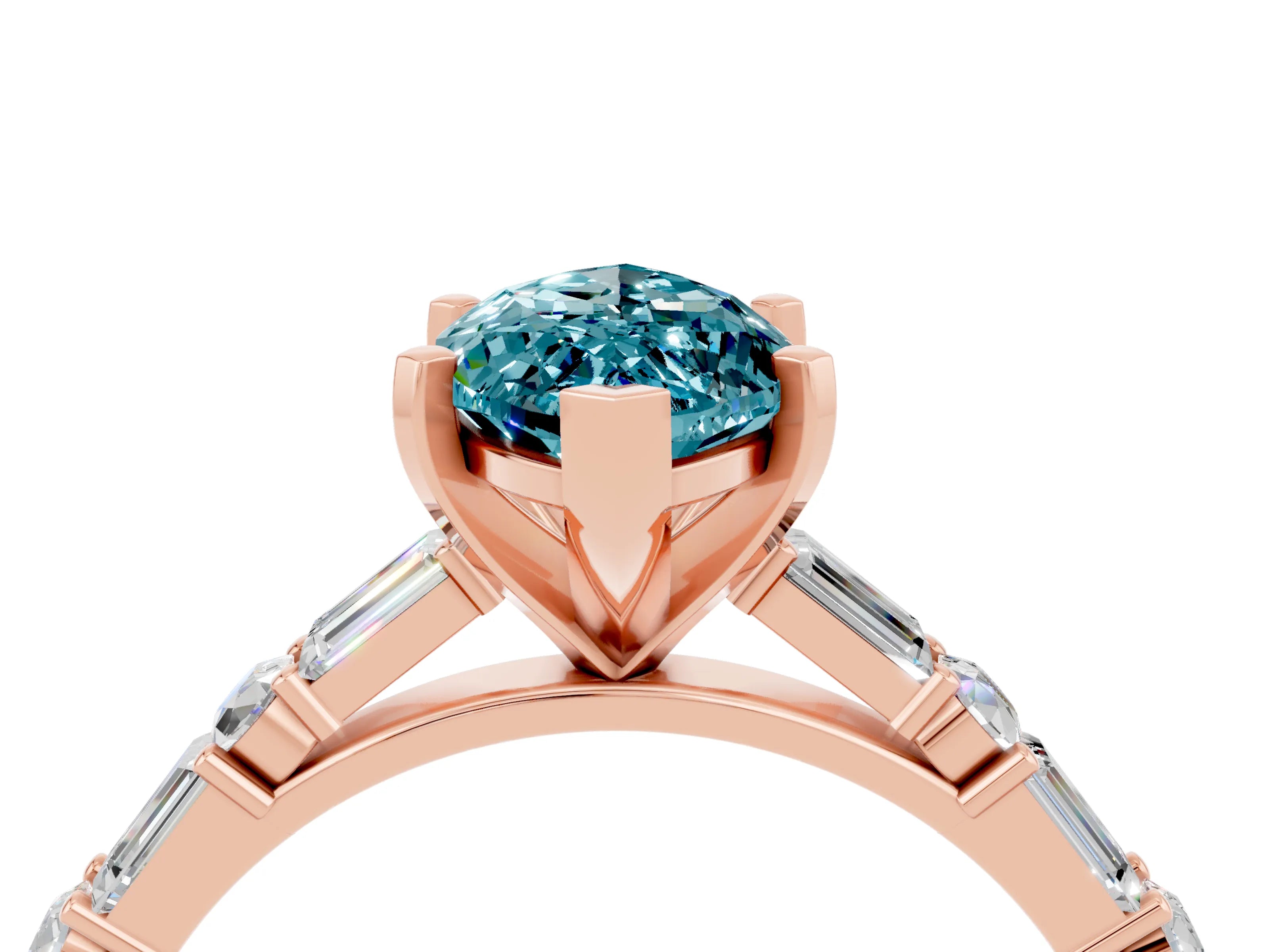 Rose gold Marquise Cut Blue Topaz Solitaire with Side Baguettes and Channel Set Band_4