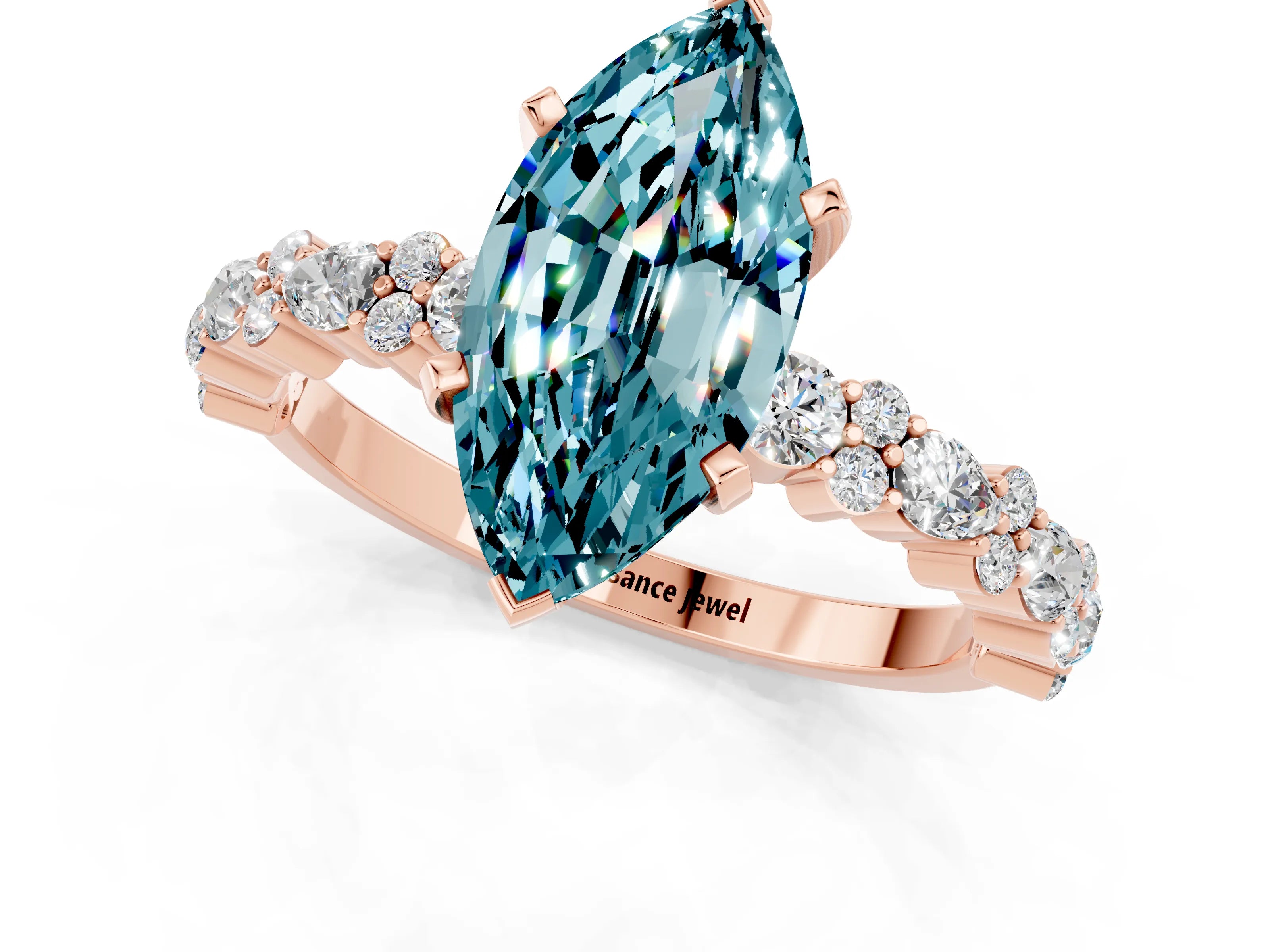 Rose gold Marquise Cut Blue Topaz Solitaire with Side Stones, Pave Band, Four-Prong Setting_37