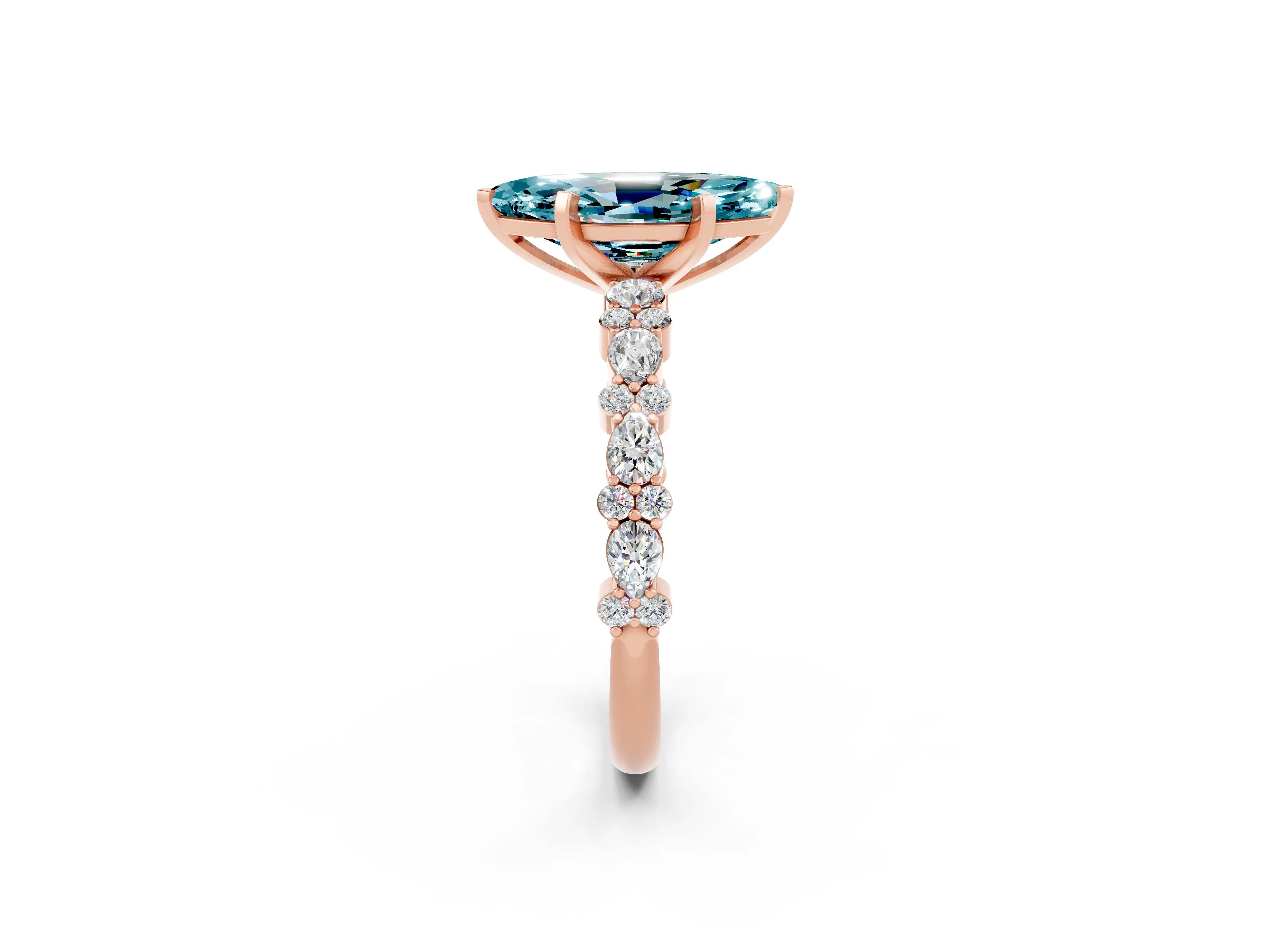 Rose gold Marquise Cut Blue Topaz Solitaire with Side Stones, Pave Band, Four-Prong Setting_38