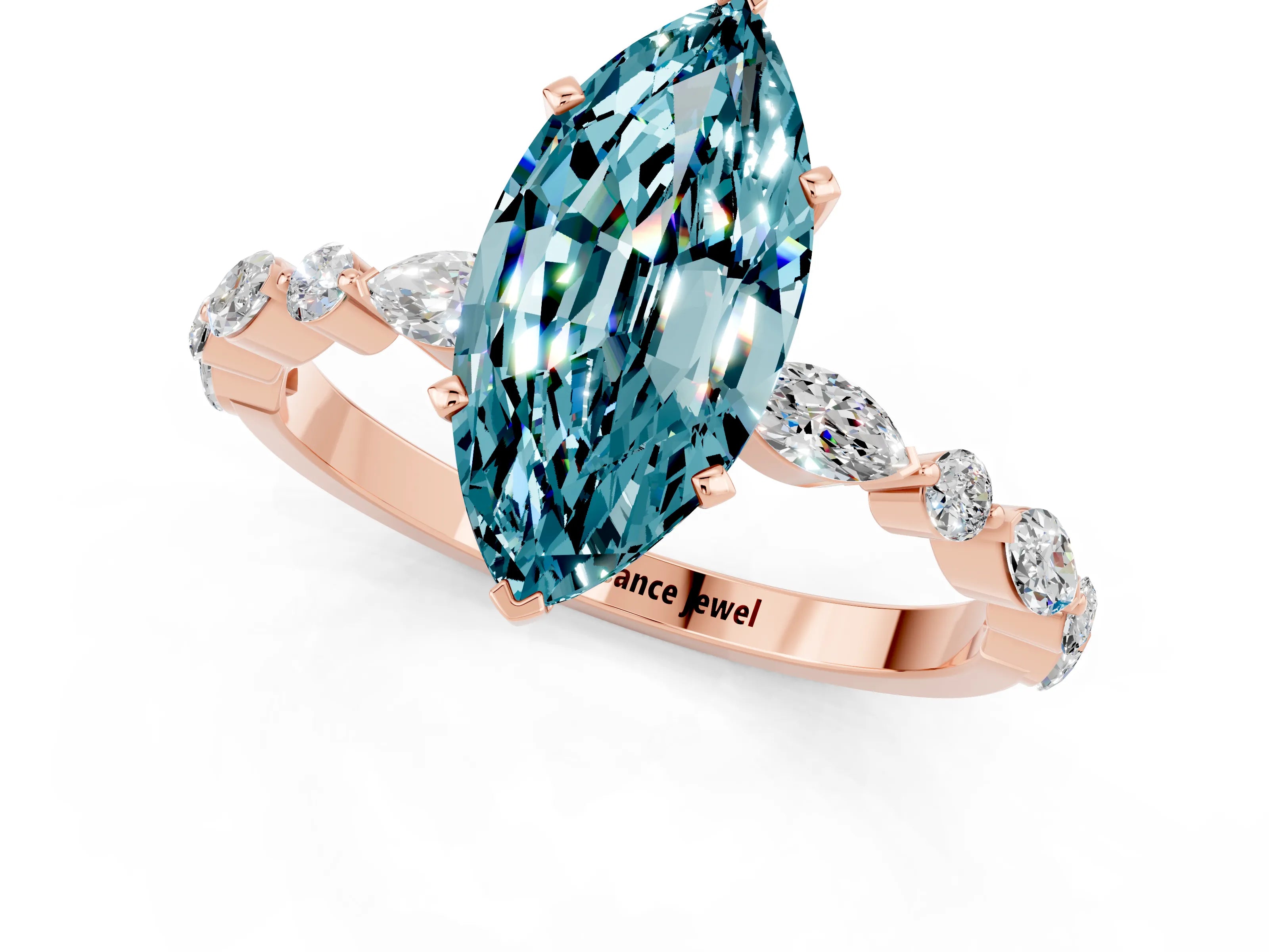 Rose gold Marquise Cut Blue Topaz Solitaire with Side Stones on a Pavé Band and Four-Prong Setting_1