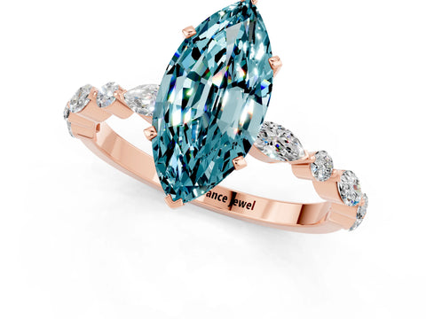 Rose gold Marquise Cut Blue Topaz Solitaire with Side Stones on a Pavé Band and Four-Prong Setting_1