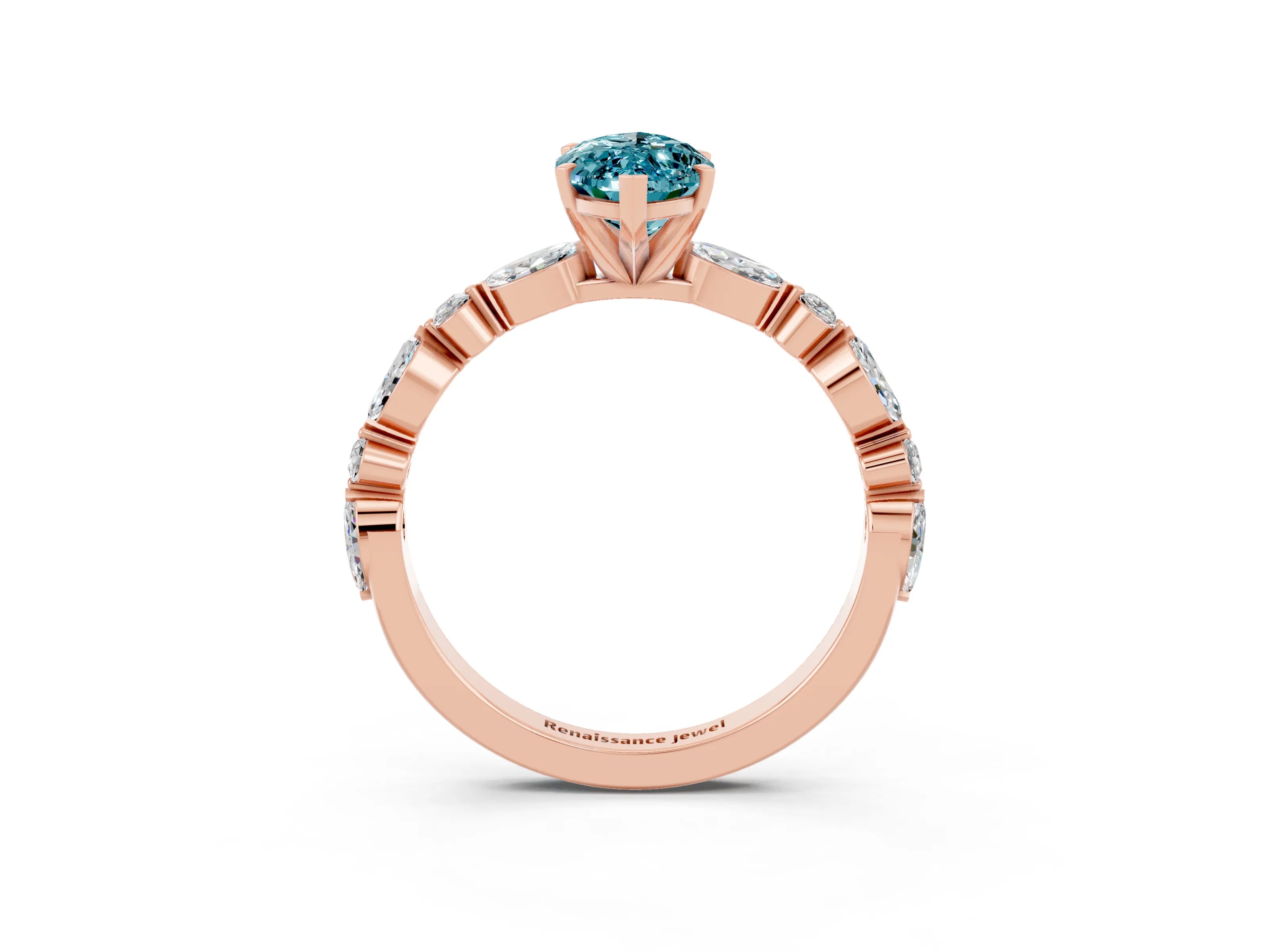 Rose gold Marquise Cut Blue Topaz Solitaire with Side Stones on a Pavé Band and Four-Prong Setting_3