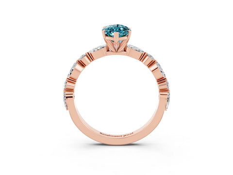 Rose gold Marquise Cut Blue Topaz Solitaire with Side Stones on a Pavé Band and Four-Prong Setting_3