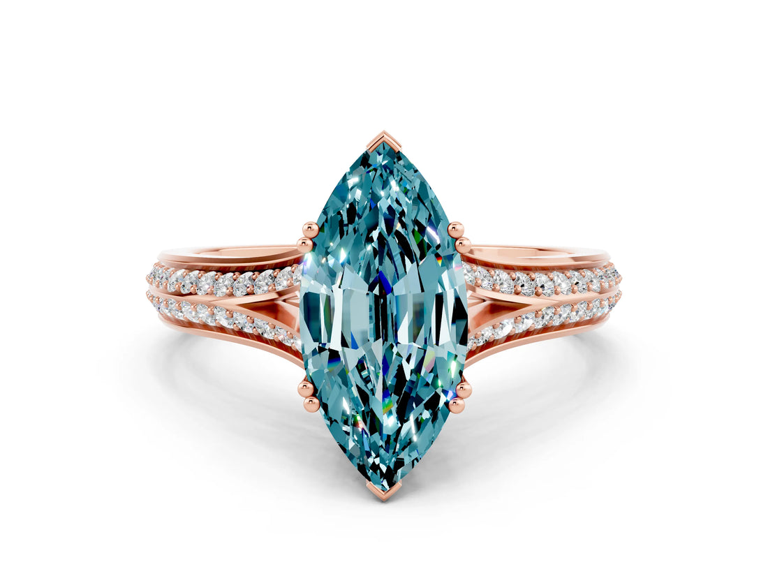 Rose gold Marquise Cut Blue Topaz Split Shank Engagement Ring with Pavé Band