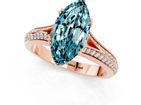 Rose gold Marquise Cut Blue Topaz Split Shank Engagement Ring with Pavé Band_1
