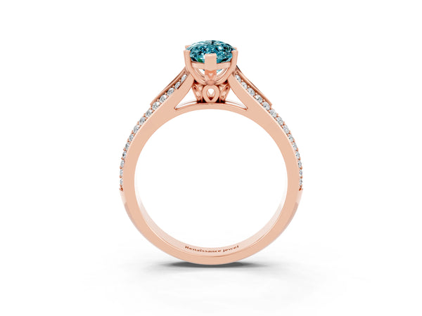 Rose gold Marquise Cut Blue Topaz Split Shank Engagement Ring with Pavé Band