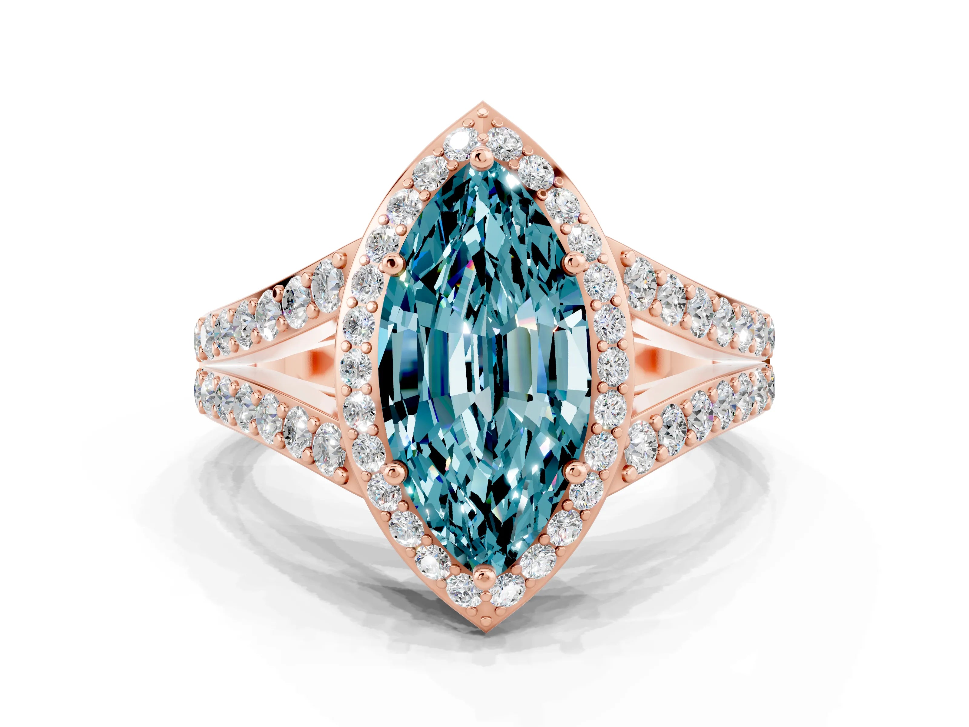 Rose gold Marquise Cut Blue Topaz Split Shank Halo Ring with Four-Prong Setting_12