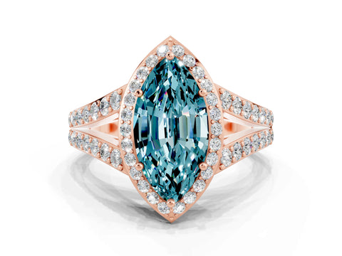 Rose gold Marquise Cut Blue Topaz Split Shank Halo Ring with Four-Prong Setting_12
