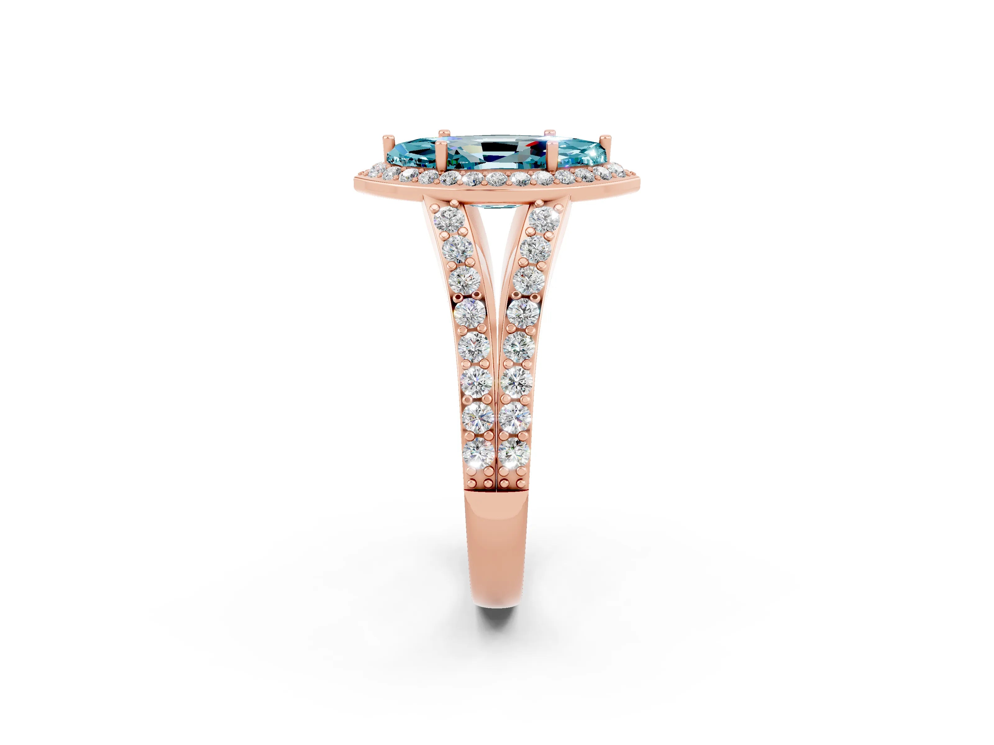 Rose gold Marquise Cut Blue Topaz Split Shank Halo Ring with Four-Prong Setting_14