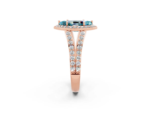 Rose gold Marquise Cut Blue Topaz Split Shank Halo Ring with Four-Prong Setting