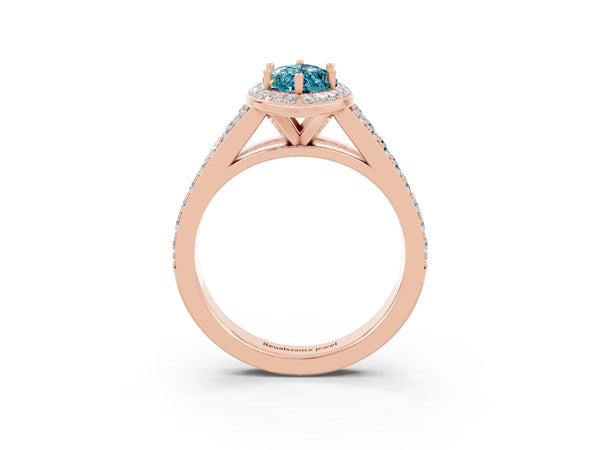 Rose gold Marquise Cut Blue Topaz Split Shank Halo Ring with Four-Prong Setting