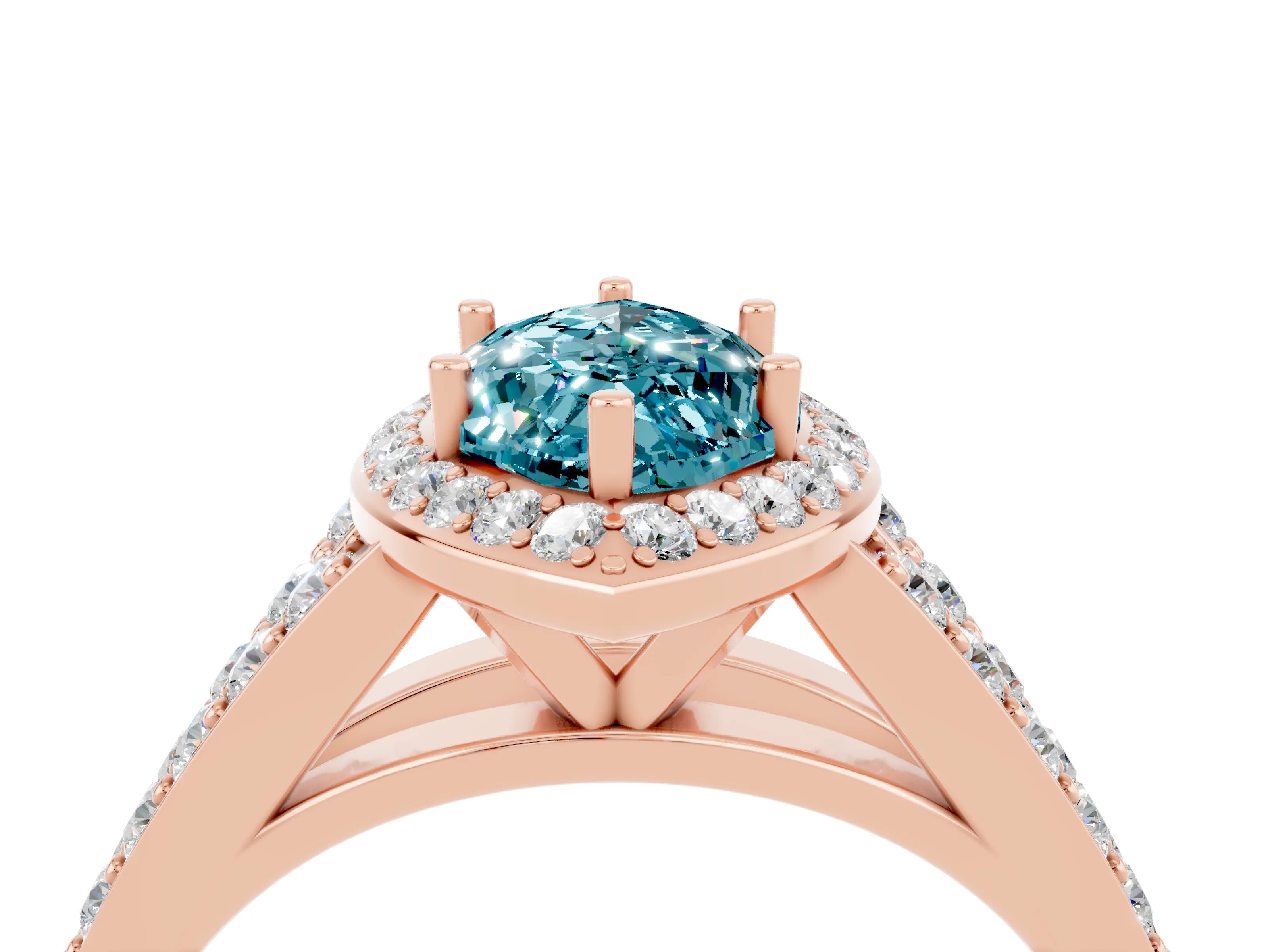 Rose gold Marquise Cut Blue Topaz Split Shank Halo Ring with Four-Prong Setting_16