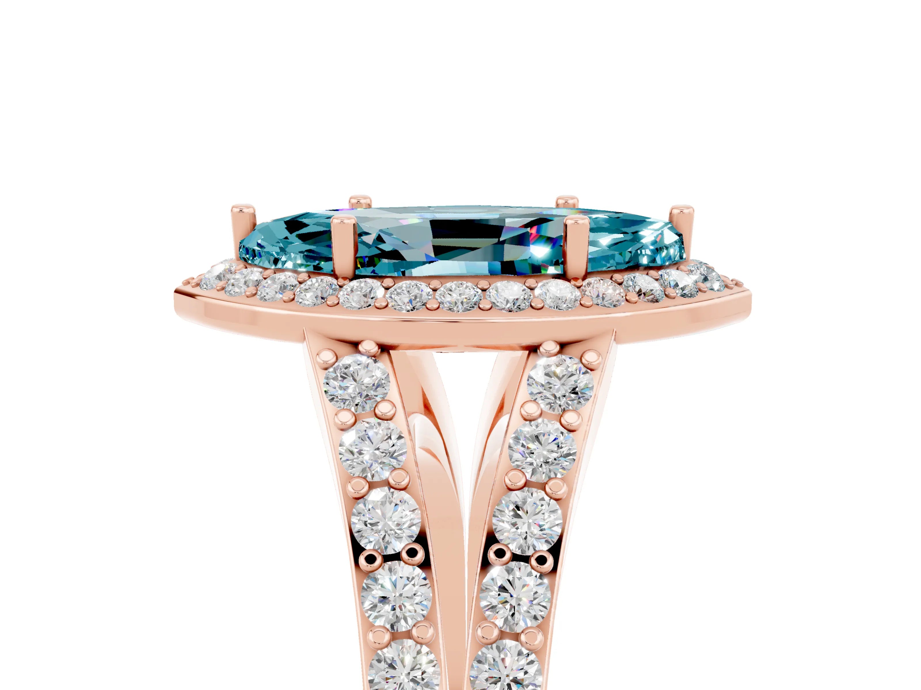 Rose gold Marquise Cut Blue Topaz Split Shank Halo Ring with Four-Prong Setting_17