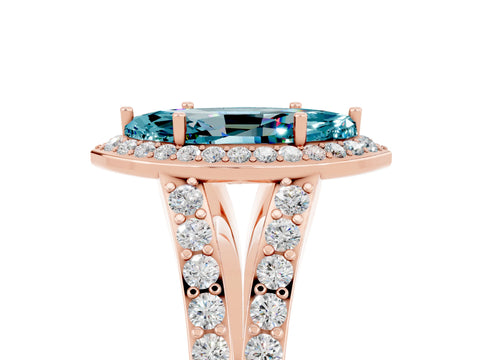 Rose gold Marquise Cut Blue Topaz Split Shank Halo Ring with Four-Prong Setting_17