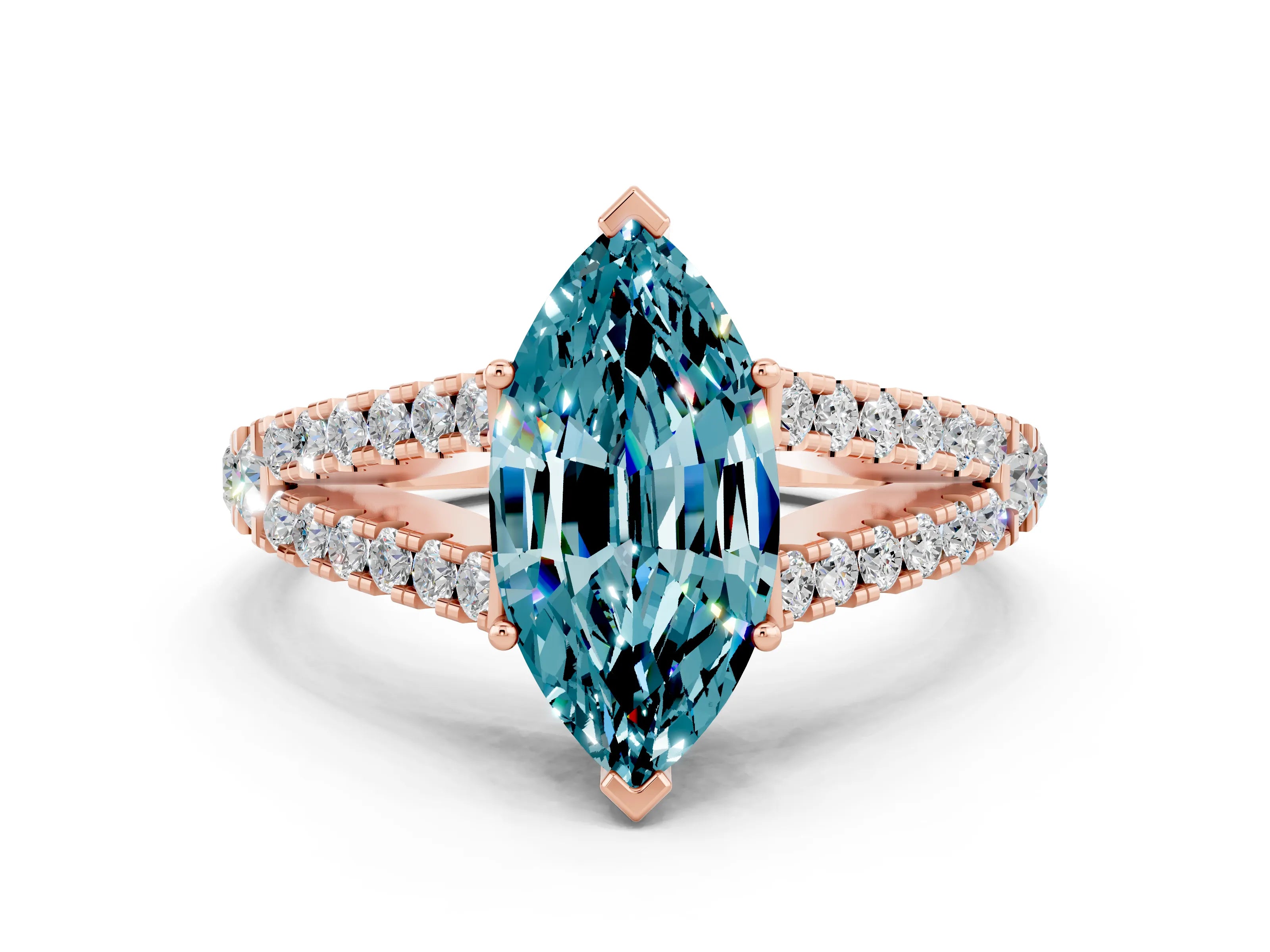 Rose gold Marquise Cut Blue Topaz Split Shank Pavé Engagement Ring with Four-Prong Setting_12