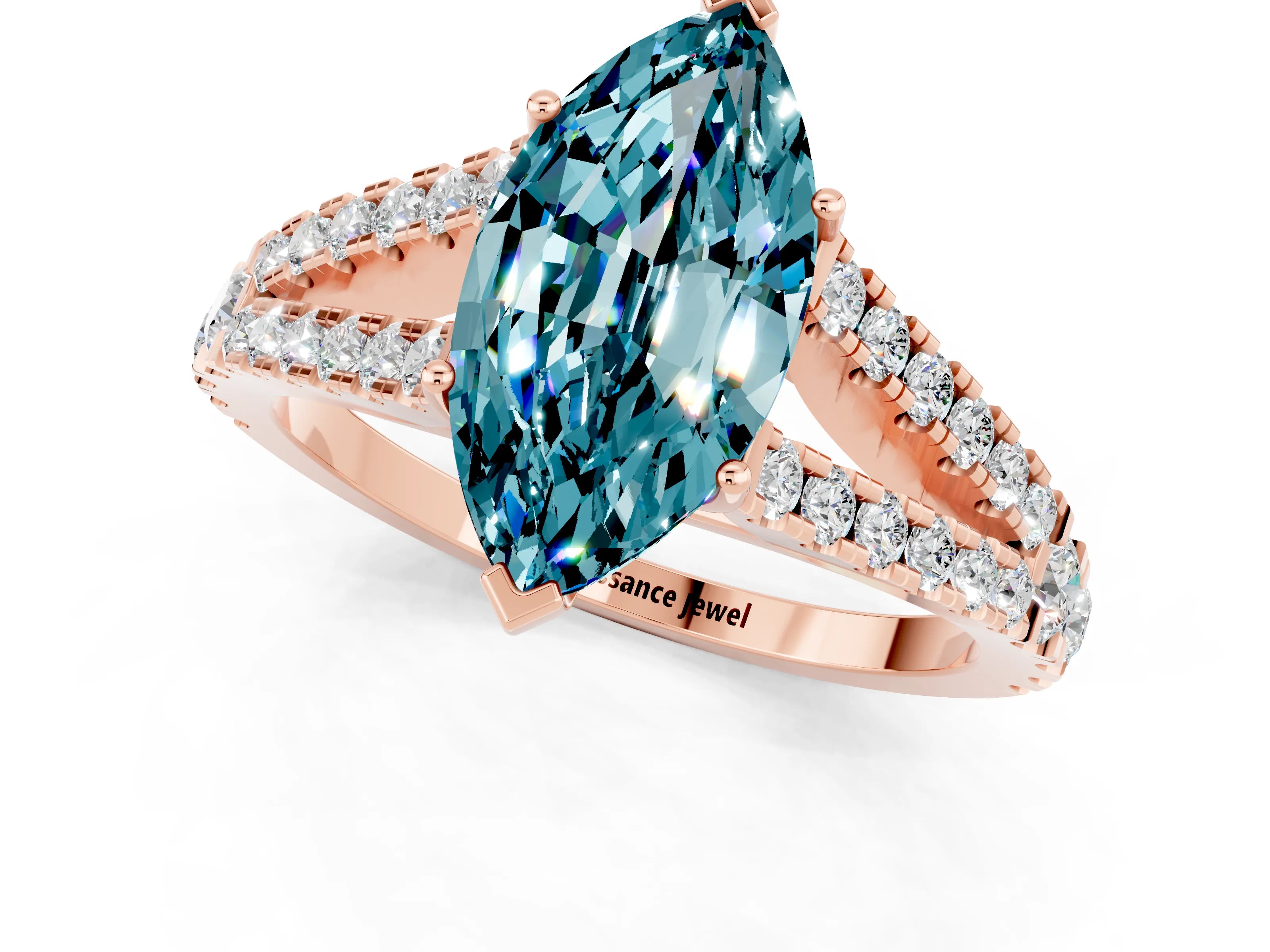 Rose gold Marquise Cut Blue Topaz Split Shank Pavé Engagement Ring with Four-Prong Setting_13