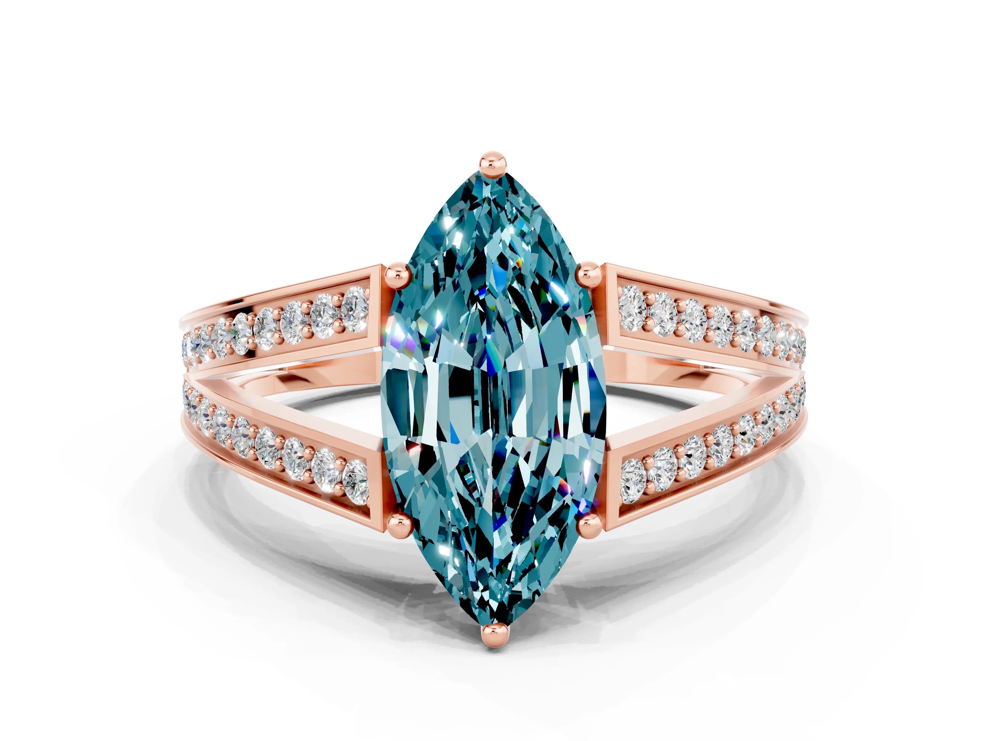Rose gold Marquise Cut Blue Topaz Split Shank Ring with Pavé Band and Four-Prong Setting