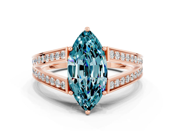 Rose gold Marquise Cut Blue Topaz Split Shank Ring with Pavé Band and Four-Prong Setting