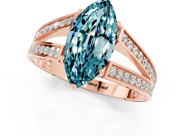 Rose gold Marquise Cut Blue Topaz Split Shank Ring with Pavé Band and Four-Prong Setting