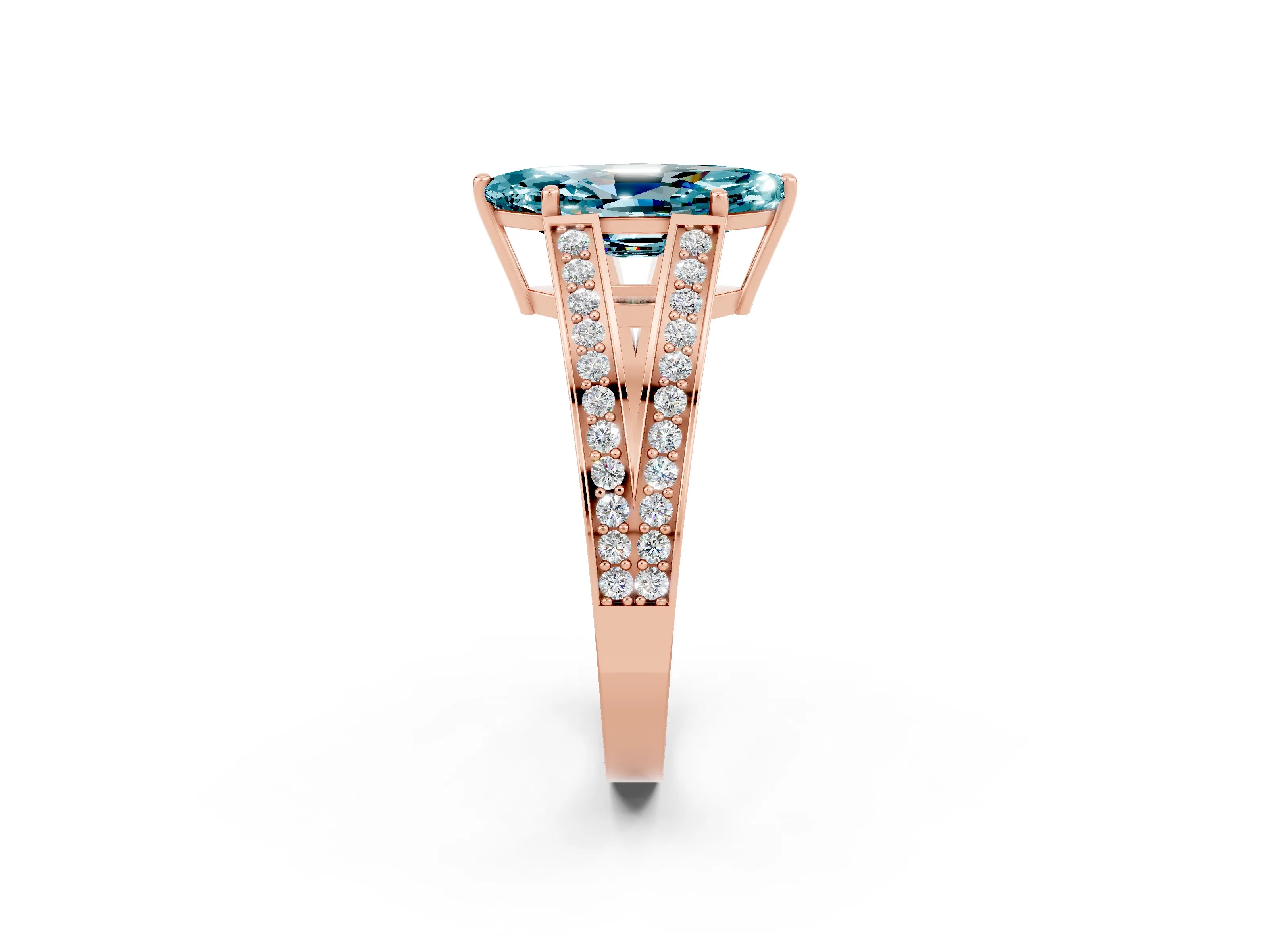 Rose gold Marquise Cut Blue Topaz Split Shank Ring with Pavé Band and Four-Prong Setting_2