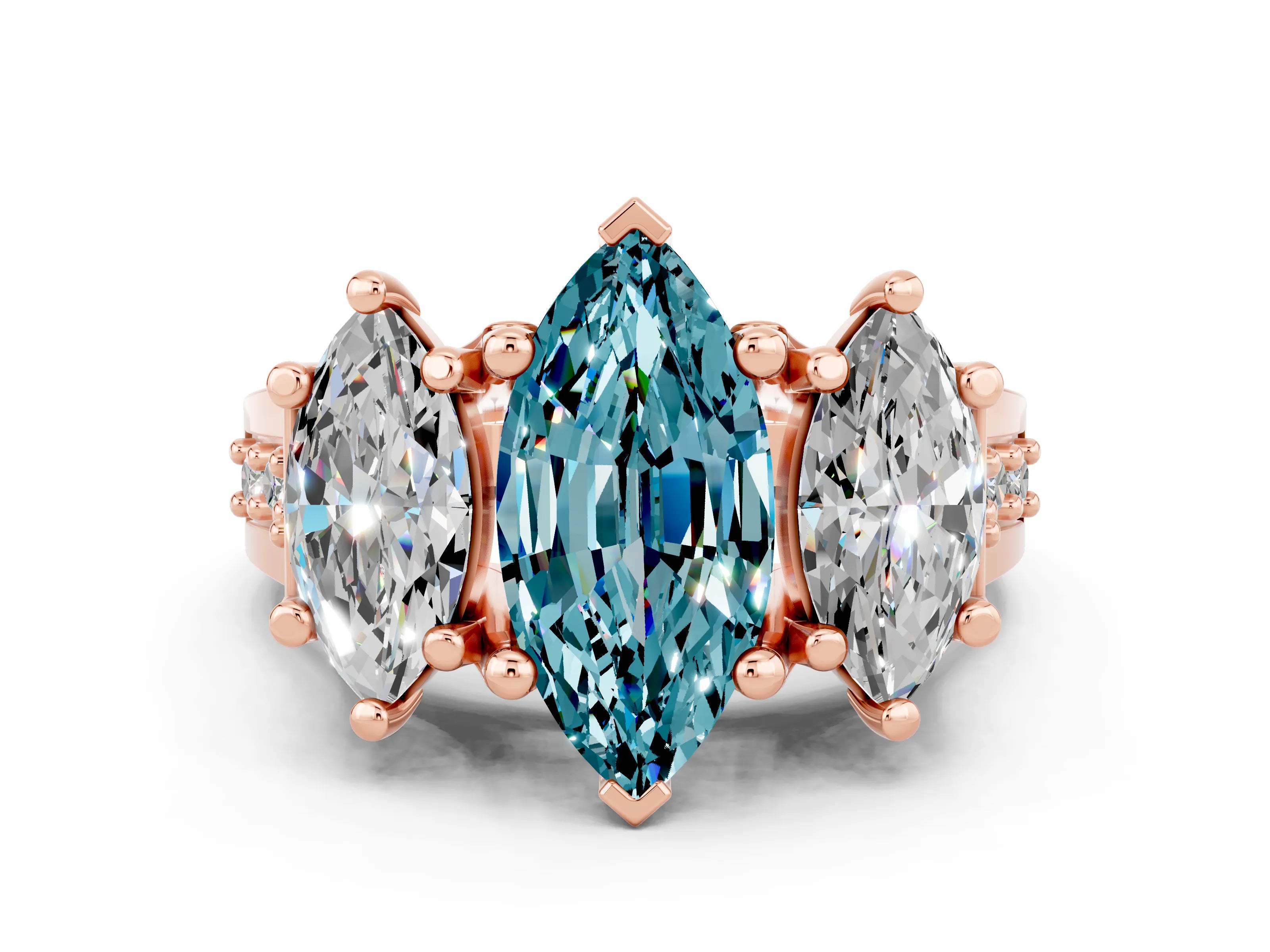 Rose gold Marquise Cut Blue Topaz Three-Stone Ring with Channel Set Band and Four-Prong Setting