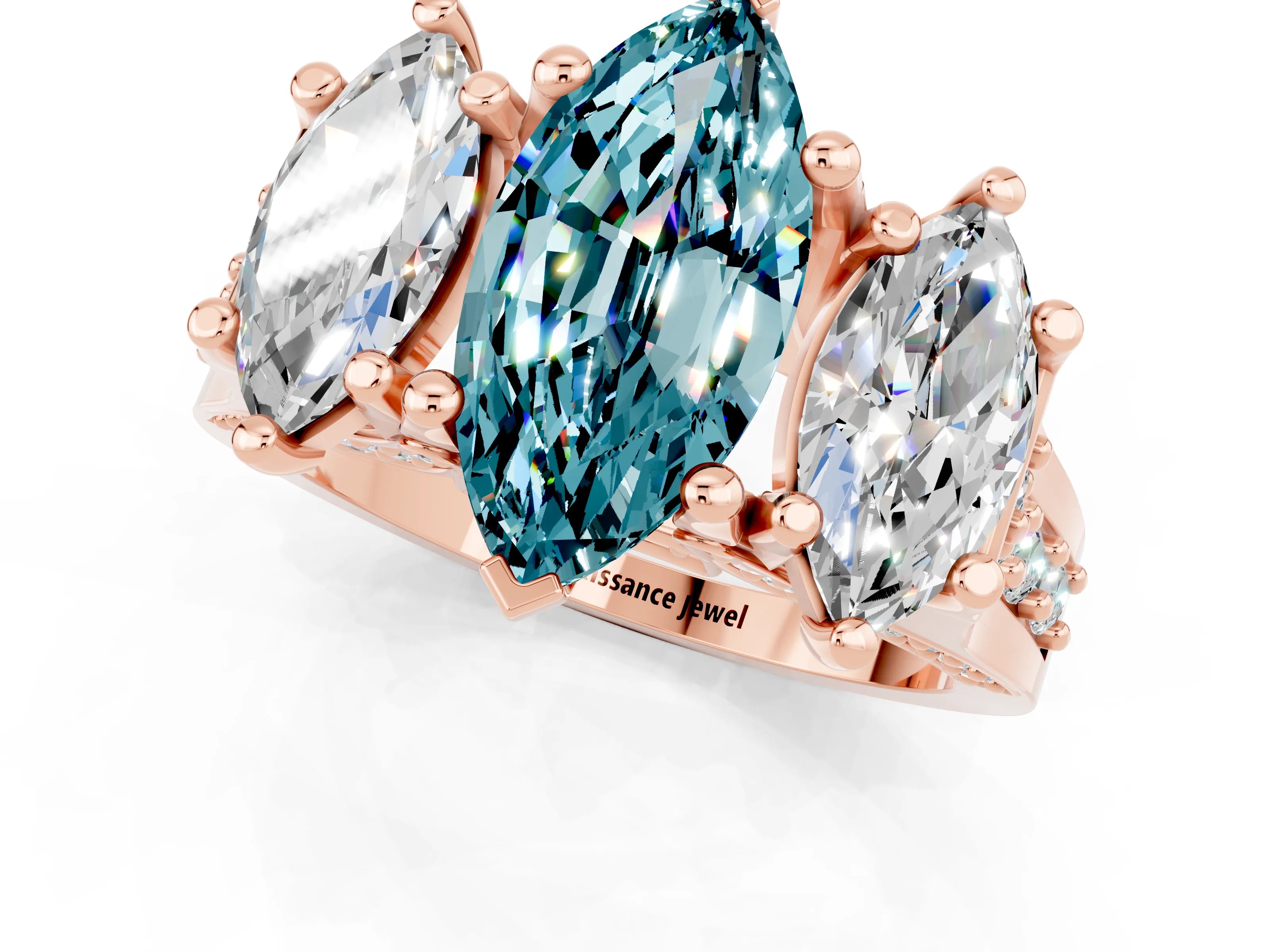 Rose gold Marquise Cut Blue Topaz Three-Stone Ring with Channel Set Band and Four-Prong Setting_1