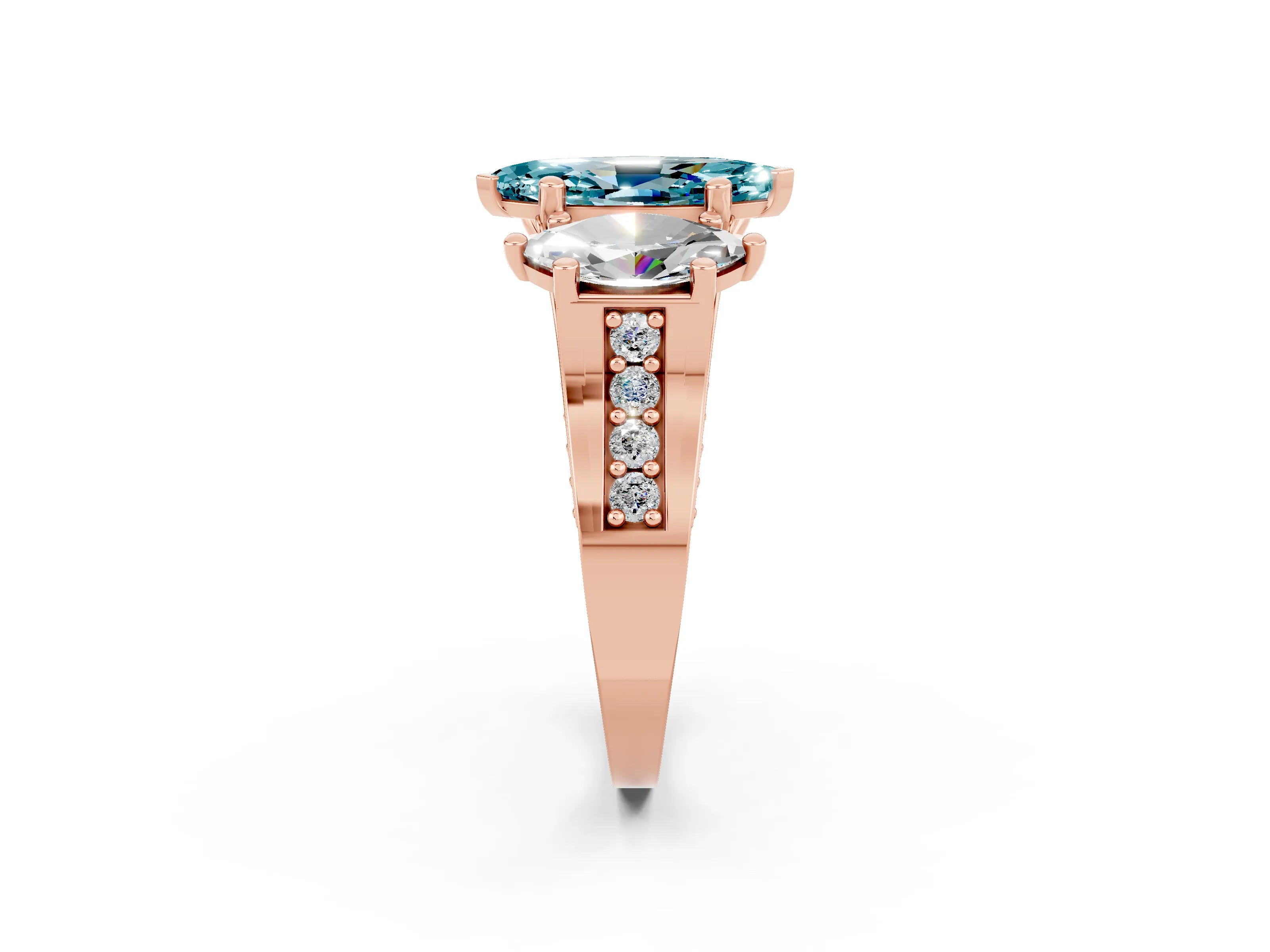 Rose gold Marquise Cut Blue Topaz Three-Stone Ring with Channel Set Band and Four-Prong Setting_2