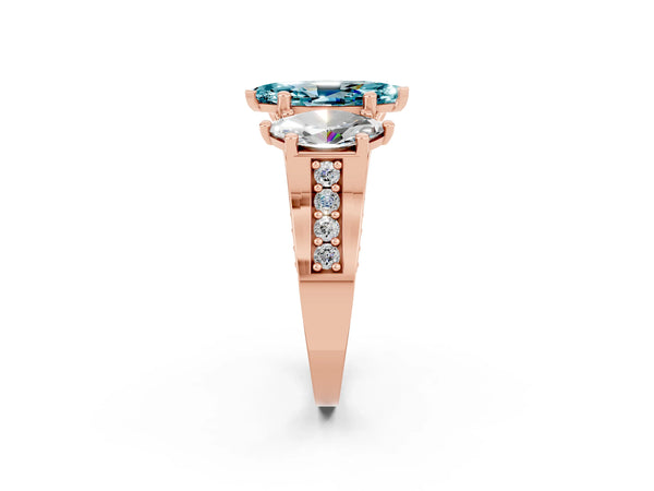 Rose gold Marquise Cut Blue Topaz Three-Stone Ring with Channel Set Band and Four-Prong Setting