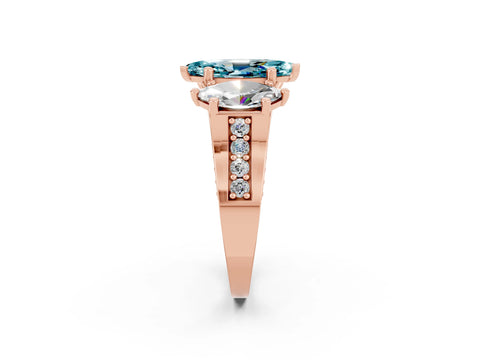Rose gold Marquise Cut Blue Topaz Three-Stone Ring with Channel Set Band and Four-Prong Setting_2