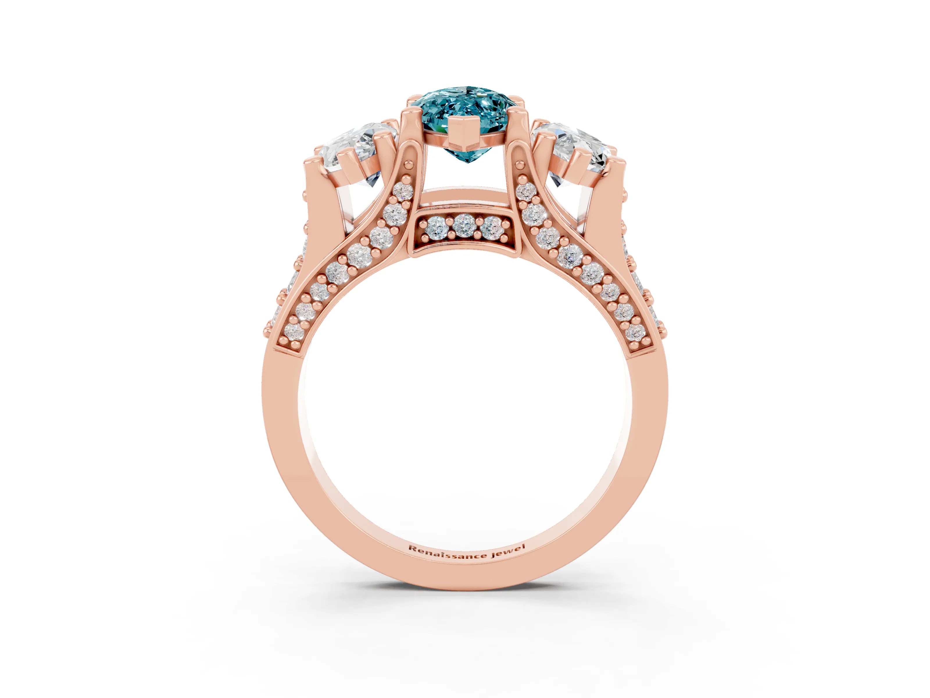 Rose gold Marquise Cut Blue Topaz Three-Stone Ring with Channel Set Band and Four-Prong Setting_3