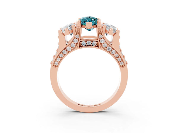 Rose gold Marquise Cut Blue Topaz Three-Stone Ring with Channel Set Band and Four-Prong Setting