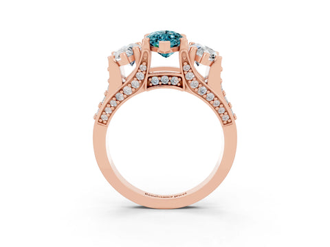 Rose gold Marquise Cut Blue Topaz Three-Stone Ring with Channel Set Band and Four-Prong Setting_3