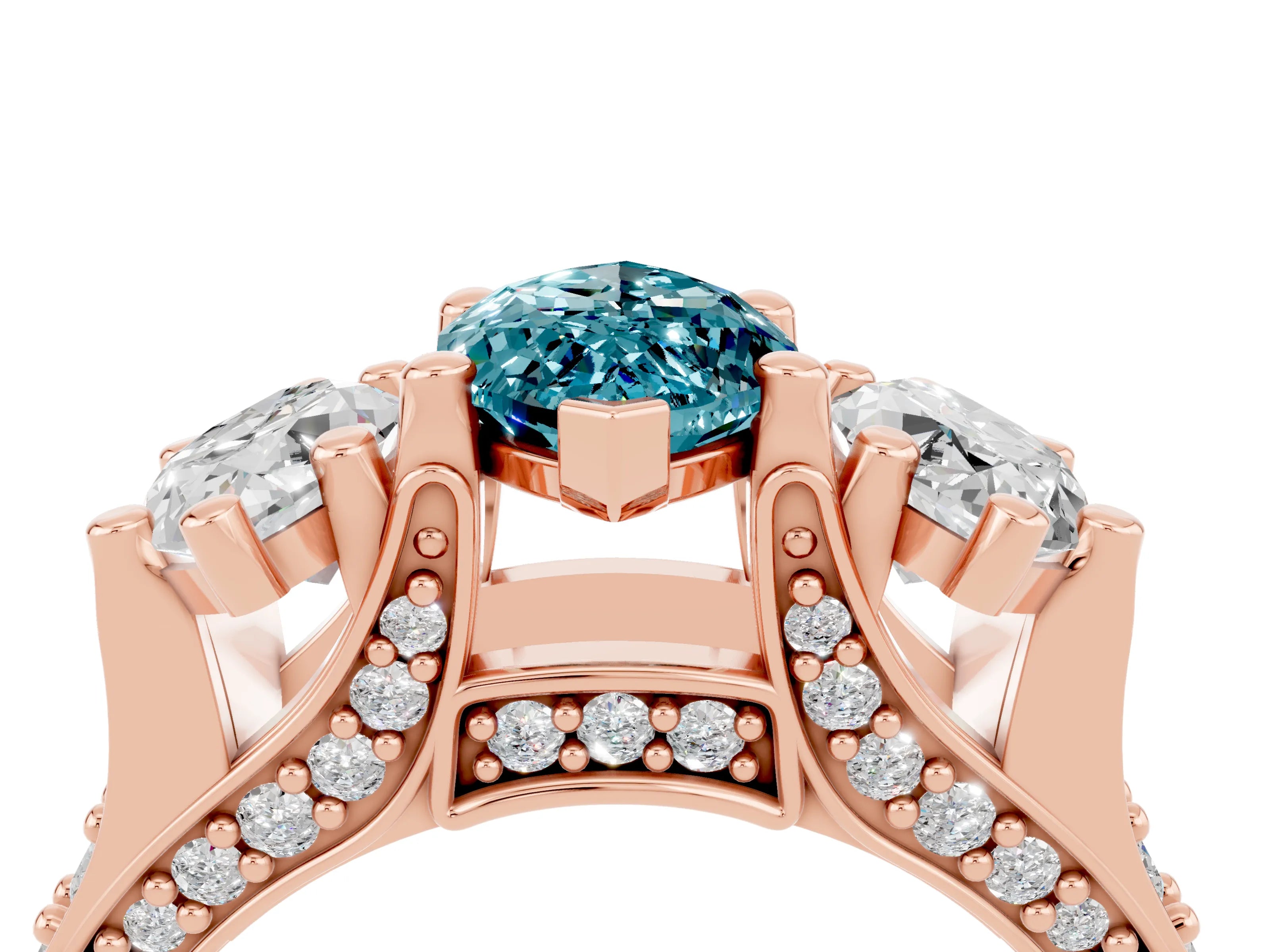 Rose gold Marquise Cut Blue Topaz Three-Stone Ring with Channel Set Band and Four-Prong Setting_4
