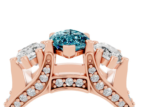 Rose gold Marquise Cut Blue Topaz Three-Stone Ring with Channel Set Band and Four-Prong Setting_4