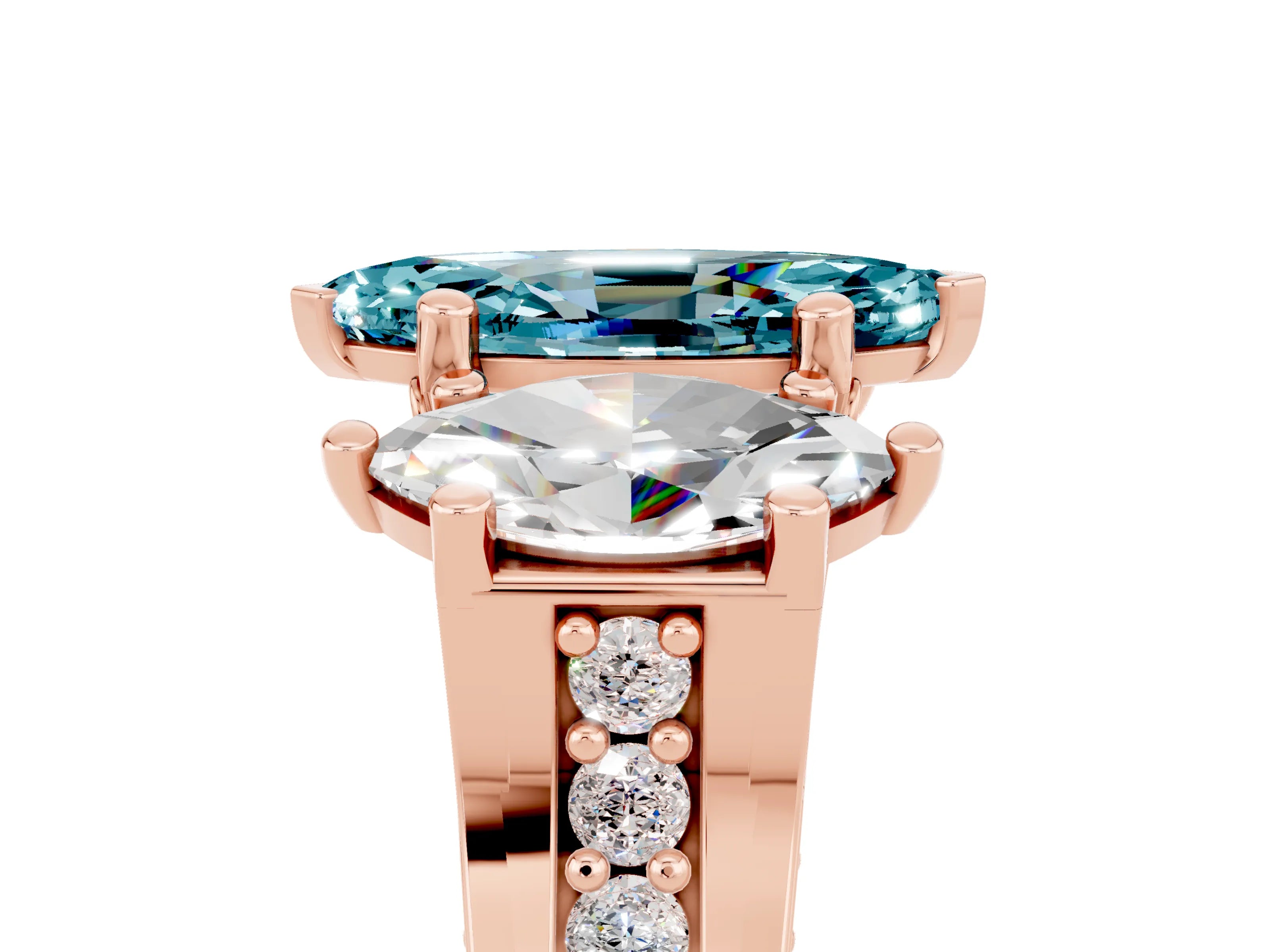 Rose gold Marquise Cut Blue Topaz Three-Stone Ring with Channel Set Band and Four-Prong Setting_5