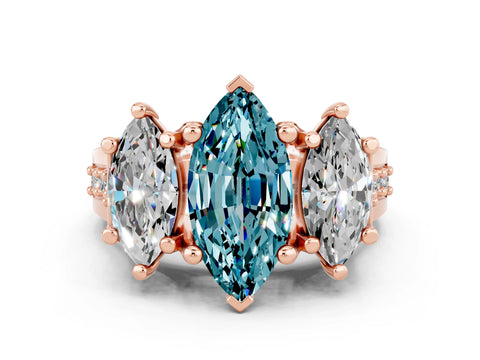 Rose gold Marquise Cut Blue Topaz Three-Stone Ring with Channel Set Band and Four-Prong Setting